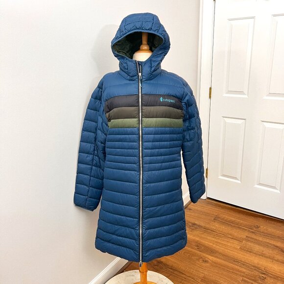 Cotopaxi Fuego Down Parka Long Puffer with Hood Blue Sz XL - Picture 1 of 15